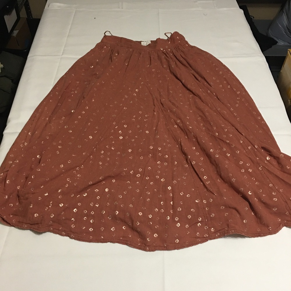 Anthropologie Midi Skirt Womens Small Terracotta Linen Blend Metallic Foil Dot